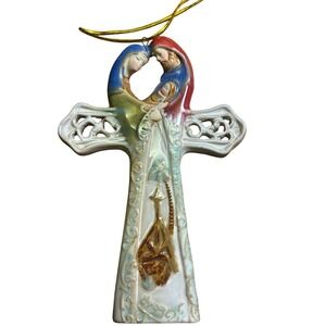 Porcelain‎ Hanging Cross Christ Nativity Holy Family 6" x 4" Christmas Ornament